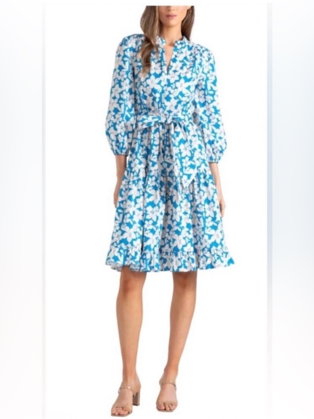 Shoshanna Like New Blue and White Floral Tie-Waist Cotton Dress. Size 4